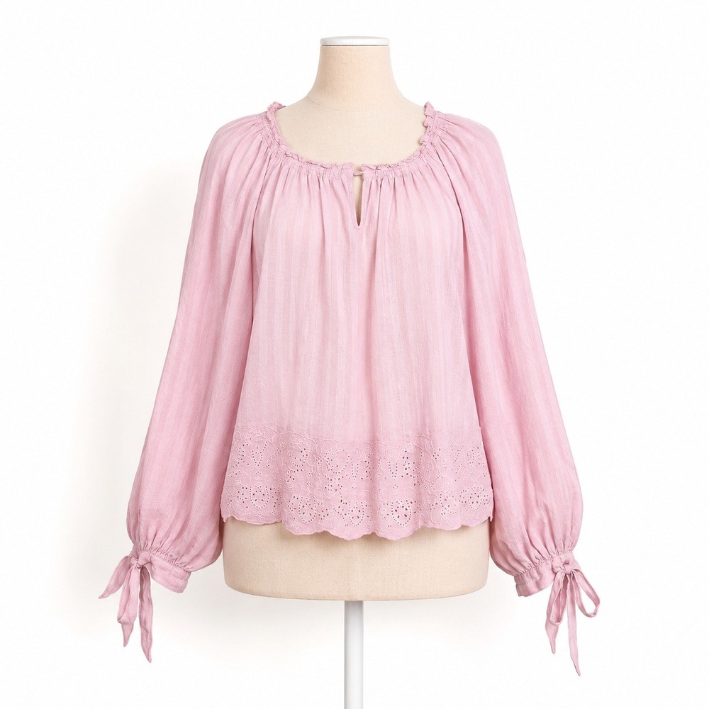 Linen Floral Eyelet Lace Striped Peasant Top Sz M Pink‎ Cottagecore Boho Prairie